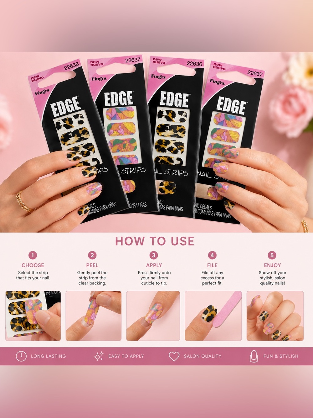 Fing’rs EDGE Nail Strips 4 Pack Bundle Leopard & Retro Swirl Nail Decals